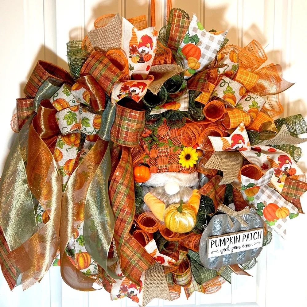 Autum Fall Ribbon Wreath Pumpkin Gnome Handmade 22 in’s. #W2